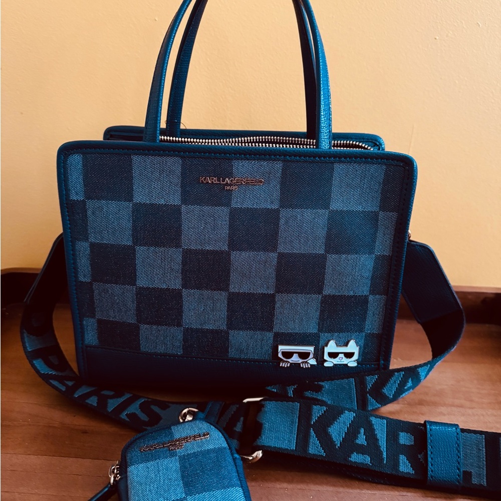 Karl Lagerfeld Teal Checkered Satchel
